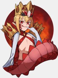 Rule 34 | 1girl, blonde hair, criss-cross halter, crown, dragon tail, elbow gloves, fate/grand order, fate (series), flat chest, gloves, halterneck, highres, lc butter, licking lips, navel, nero claudius (fate), nero claudius (fate) (all), pointy ears, queen draco (fate), queen draco (second ascension) (fate), red eyes, red scales, tail, tongue, tongue out