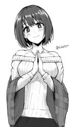Rule 34 | 1girl, blush, collarbone, cosplay, earrings, grey hair, greyscale, head tilt, highres, idolmaster, idolmaster cinderella girls, jewelry, looking at viewer, monochrome, off-shoulder sweater, off shoulder, own hands together, plaid shawl, praying, ribbed sweater, sagisawa fumika, sagisawa fumika (cosplay), shawl, shikamax2, short hair, simple background, smile, solo, sweater, takafuji kako, upper body