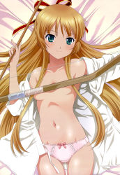 Rule 34 | 1girl, absurdres, arrow (projectile), blonde hair, blush, bow, bow (weapon), bow panties, breasts, convenient censoring, green eyes, hair ribbon, highres, isuca, long hair, lying, navel, no bra, non-web source, nyantype, official art, on back, open clothes, open shirt, panties, pink panties, ribbon, shimazu sakuya, shirt, small breasts, smile, solo, underwear, very long hair, weapon, white shirt