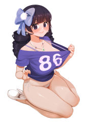 Rule 34 | 1girl, absurdres, bad id, bad pixiv id, bikini, bikini under clothes, blue bow, blunt bangs, bow, breasts, cameltoe, closed mouth, clothes pull, clothes writing, collarbone, commentary request, cross, cross earrings, curly hair, drill hair, dungeon and fighter, earrings, eyelashes, fingernails, groin, hair between eyes, hair bow, halterneck, high heels, highres, jewelry, large breasts, looking at viewer, nail polish, necklace, original, pink nails, pom pom (clothes), pulled by self, pumps, purple eyes, purple hair, purple shirt, ringlets, secretbusiness, shiny skin, shirt, shirt pull, short eyebrows, short sleeves, side-tie bikini bottom, simple background, sitting, solo, string bikini, swimsuit, thick eyebrows, twin drills, twintails, wariza, wavy hair, white background, white bikini, white footwear