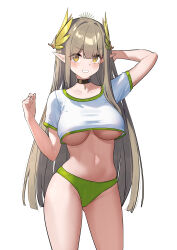 Rule 34 | 1girl, absurdres, alternate costume, arknights, arm up, black choker, blush, breasts, choker, commentary request, cowboy shot, crop top, dishui tangni, green panties, grey hair, groin, hand up, highres, large breasts, long hair, midriff, mole, mole under eye, muelsyse (arknights), navel, no bra, panties, pointy ears, simple background, solo, standing, stomach, thighs, underboob, underwear, very long hair, white background, yellow eyes