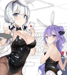 Rule 34 | 2girls, azur lane, bad id, bad twitter id, blue eyes, breasts, card, cleavage, cup, drinking glass, grey hair, illustrious (azur lane), large breasts, multiple girls, pantyhose, playboy bunny, playing card, purple eyes, purple hair, sabet (young ouo), tray, unfinished, unicorn (azur lane), wine glass