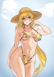 Rule 34 | 1girl, adapted costume, ashiomi masato, bare shoulders, bikini, blonde hair, blue eyes, blue sky, breasts, cleavage, collarbone, commentary request, cowboy shot, guilty gear, guilty gear strive, hat, large breasts, long hair, looking at viewer, millia rage, navel, parted lips, sky, solo, stomach, sun hat, swimsuit, thighs, very long hair, yellow bikini