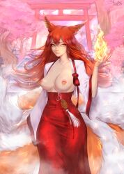Rule 34 | 1girl, animal ears, architecture, artist name, breasts, cherry blossoms, clothing request, commission, earrings, east asian architecture, fire, fox ears, fox girl, fox tail, jacket, jewelry, kitsune, large breasts, long hair, long skirt, magic, multiple tails, nipple piercing, nipples, open clothes, open jacket, original, outdoors, pagoda, piercing, red hair, red skirt, skirt, sleepingsol, solo, stairs, standing, tail, tree, wide sleeves
