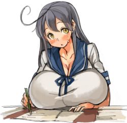 Rule 34 | 10s, 1girl, ahoge, alternate breast size, blush, breast rest, breasts, huge breasts, kantai collection, long hair, open mouth, pencil, sachito, school uniform, serafuku, solo, sweatdrop, ushio (kancolle), yellow eyes
