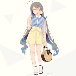 Rule 34 | 1girl, ahoge, alternate costume, bag, blouse, colis, full body, grey eyes, grey hair, hair between eyes, kantai collection, kiyoshimo (kancolle), long hair, looking at viewer, low twintails, shirt, skirt, socks, solo, striped clothes, striped shirt, toeless footwear, triangle, twintails, twitter username, very long hair, white background, white socks, yellow skirt