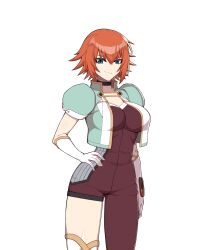 1girl absurdres asymmetrical_clothes bakugan_new_vestroia blue_eyes breasts commission crop_top gloves hand_on_own_hip highres hyperbudd large_breasts orange_hair short_hair single_pantsleg smile solo thighhighs white_background white_gloves