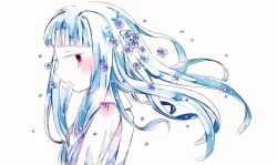 Rule 34 | 1girl, blue hair, blunt bangs, blush, collared shirt, commentary request, falling flower, falling petals, floating hair, flower, flower request, from side, hair flower, hair intakes, hair ornament, kotonoha aoi, long hair, looking at viewer, looking to the side, m (15cmx), open mouth, petals, pink eyes, profile, purple flower, shirt, sidelocks, simple background, solo, upper body, voiceroid, white background, white shirt
