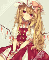 Rule 34 | 1girl, :&lt;, adapted costume, alternate hair length, alternate hairstyle, blonde hair, blush, bow, bowtie, center frills, closed mouth, commentary request, crystal, flandre scarlet, frilled shirt, frills, grey background, hair down, hat, hat bow, head tilt, heart, highres, long hair, mob cap, pink bow, pink bowtie, puffy short sleeves, puffy sleeves, red eyes, red skirt, shirt, short sleeves, sitting, skirt, solo, touhou, very long hair, white hat, white shirt, wings, wrist cuffs, yedan999