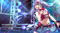 Rule 34 | 1girl, :d, ahoge, blue nails, blue skirt, crop top, domco, floating hair, hair between eyes, hair ornament, headset, highres, idol, layered skirt, long hair, microphone, midriff, miniskirt, nail polish, navel, open mouth, original, pleated skirt, red eyes, silver hair, skirt, smile, solo, sparkle, spotlight, stage, star (symbol), star hair ornament, stomach, twintails, very long hair, wrist cuffs