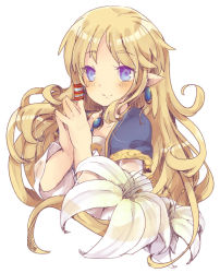 Rule 34 | 1girl, bad id, bad pixiv id, blonde hair, blue eyes, blush, earrings, elf, female focus, flower, jewelry, lily (flower), long hair, mabinogi, masirosu, necklace, plant, pointy ears, portia, simple background, smile, solo, upper body, white background