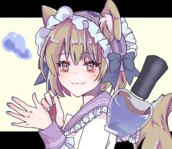 Rule 34 | 1girl, animal ear fluff, animal ears, blue nails, blush, brown eyes, brown hair, closed mouth, dress, frilled sailor collar, frills, from side, hairband, hands up, highres, letterboxed, long sleeves, looking at viewer, looking to the side, nail polish, nail polish bottle, omase (mnnk umai), original, purple hairband, purple sailor collar, ribbon-trimmed hairband, sailor collar, sailor dress, smile, solo, tail raised, upper body, white dress