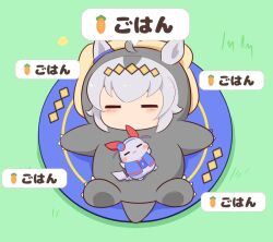 Rule 34 | :3, ahoge, blue hairband, blue jacket, blush stickers, character request, check character, chibi, closed eyes, creatures (company), ears through headwear, facing viewer, game freak, gen 1 pokemon, gomashio (goma feet), grass, grey hair, hairband, hood, hood up, jacket, lying, multicolored hair, nintendo, oguri cap (umamusume), on back, open clothes, open jacket, outstretched arms, pikachu, pokemon, spread arms, tamamo cross (umamusume), translation request, two-tone hair, umamusume
