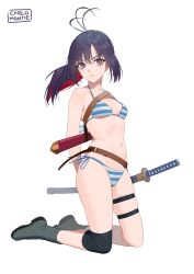 Rule 34 | 1girl, absurdres, antenna hair, arms behind back, bikini, black hair, boots, carlo montie, character request, closed mouth, colored inner hair, copyright request, highres, katana, kneeling, looking at viewer, multicolored hair, navel, purple eyes, sheath, sheathed, simple background, solo, striped bikini, striped clothes, swimsuit, sword, weapon, white background
