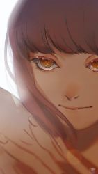 Rule 34 | 1girl, bare shoulders, brown hair, chainsaw man, close-up, eyelashes, fingernails, highres, light smile, long hair, makima (chainsaw man), ohisama33ohayo3, shueisha, smile, solo, topless male, unusual pupils, watermark, white background, yellow eyes
