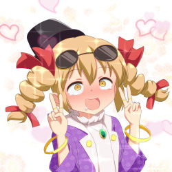 Rule 34 | :d, ahegao, black hat, blonde hair, blush, bracelet, cato (monocatienus), commentary, double v, drill hair, drooling, eyewear on head, hair between eyes, hair ribbon, hat, heart, jewelry, long hair, necklace, nose blush, open mouth, red ribbon, ribbon, ring, rolling eyes, smile, solo, sunglasses, tears, top hat, touhou, unmoving pattern, upper body, v, yellow eyes, yorigami jo&#039;on