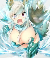 Rule 34 | 1girl, attack, blue eyes, breasts, cleavage, fangs, female focus, heterochromia, horns, large breasts, monster girl, monster hunter (series), motion blur, naso4, open mouth, personification, red eyes, scales, solo, thighhighs, zinogre