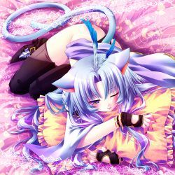 Rule 34 | 00s, 1boy, animal ears, bad id, bad pixiv id, blush, cat boy, cat ears, cat tail, dissidia final fantasy, final fantasy, final fantasy ix, fingerless gloves, gloves, kuja, long hair, lying, male focus, minatosaiga, one eye closed, pillow, silver hair, solo, tail, thighhighs, trap, wink