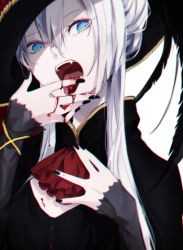 Rule 34 | 1girl, ascot, black hat, black jacket, black nails, blood, blood on hands, blue eyes, blurry, chromatic aberration, fangs, feathers, hands up, hat, high collar, highres, jacket, licking, licking finger, long hair, long sleeves, looking at viewer, nail polish, original, red ascot, simple background, solo, vampire, white background, white hair, yagi (shiro yagi)