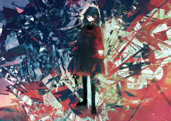Rule 34 | 1girl, abstract background, absurdres, amenosoto, arms at sides, black dress, black hair, brown footwear, closed mouth, coat, dress, expressionless, full body, highres, huge filesize, loafers, long sleeves, looking at viewer, open clothes, open coat, original, red coat, red eyes, shoes, short hair, solo, standing, thanatos (vocaloid), vocaloid