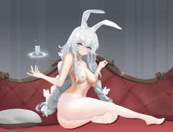Rule 34 | + +, 1girl, absurdres, animal ears, ass, azur lane, blue eyes, braid, breasts, bug, butterfly, closed mouth, couch, covered erect nipples, cup, drinking glass, expressionless, fake animal ears, from side, full body, glass, hair between eyes, hair ornament, hairclip, highres, insect, le malin (azur lane), le malin (listless lapin) (azur lane), legs, long hair, looking at viewer, medium breasts, multicolored eyes, nail polish, no shoes, pantyhose, pillow, pink nails, rabbit ears, shirt, side slit, silver hair, simple background, sitting, soles, solo, thighs, toes, twin braids, white pantyhose, wine glass, zhanggong