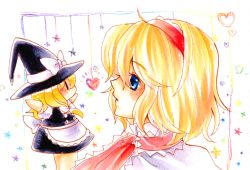 Rule 34 | 1girl, alice margatroid, blonde hair, blue eyes, blush, bone-beans, bow, character doll, chibi, female focus, hair bow, hairband, hand puppet, hat, hat ribbon, heart, kirisame marisa, lonely, marker (medium), millipen (medium), puppet, ribbon, short hair, solo, star (symbol), touhou, traditional media, witch, witch hat, | |