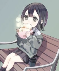 Rule 34 | 1girl, bench, biting, black bow, black bowtie, black footwear, black hair, black skirt, bow, bowtie, chibi, collared shirt, commentary request, cup, eating, food, from side, green background, green hair, green jacket, highres, holding, holding food, jacket, long sleeves, miniskirt, multicolored hair, off shoulder, original, park bench, pleated skirt, shirt, shoes, short hair, simple background, sitting, skirt, solo, steam, tokiwata soul, two-tone hair, white shirt, wrapper