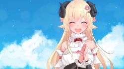 Rule 34 | :d, ^ ^, animal ears, bare shoulders, blonde hair, blue sky, blush, bow, clapping, closed eyes, cloud, curled horns, detached sleeves, dress, facing viewer, fur-trimmed sleeves, fur trim, hair ornament, hairclip, hands up, highres, hololive, horns, long hair, long sleeves, meme, neon genesis evangelion, omedetou! (meme), open mouth, parody, red bow, sheep ears, sheep girl, sheep horns, sky, sleeveless, sleeveless dress, smile, solo, tears, teeth, tsunomaki watame, tsunomaki watame (1st costume), upper body, upper teeth only, very long hair, virtual youtuber, white dress, white sleeves, yoshiheihe