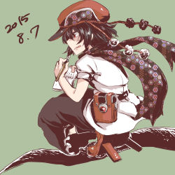 Rule 34 | 1girl, adapted costume, beret, black hair, full body, geta, green background, hat, no wings, notepad, pen, pom pom (clothes), red eyes, scarf, shameimaru aya, solo, squatting, tengu-geta, the maa, tongue, tongue out, touhou