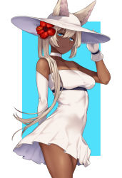 Rule 34 | 1girl, animal ears, arm behind back, arm up, asymmetrical gloves, blue eyes, breasts, choker, closed mouth, collarbone, commentary request, covered navel, cowboy shot, dark-skinned female, dark skin, dress, ears through headwear, elbow gloves, flower, gloves, hai ookami, hair between eyes, hair flower, hair ornament, hand on headwear, hat, highres, long hair, medium breasts, original, outside border, red flower, simple background, smile, solo, standing, tan, uneven gloves, white choker, white dress, white gloves, white hair, white hat