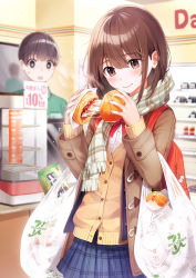 Rule 34 | 1boy, 1girl, 7-eleven, bag, baozi, blue skirt, blue vest, blurry, blurry background, blush, brand name imitation, brown cardigan, brown eyes, brown hair, brown jacket, cardigan, cashier, commentary, convenience store, cowboy shot, display, display case, employee uniform, food, green shirt, hands up, highres, holding, holding food, ice cream, jacket, long sleeves, looking at another, looking down, medium hair, nail polish, name tag, neck ribbon, open clothes, open jacket, open vest, original, plaid, plaid scarf, plaid skirt, plastic bag, polo shirt, rangu, red bag, red nails, red neckwear, ribbon, scarf, sexually suggestive, shelf, shirt, shop, shopping bag, short hair, sidelocks, skirt, smile, sparkle, steam, surprised, sweatdrop, table, uniform, upper body, vest, wall, white shirt