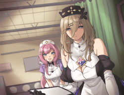 Rule 34 | 2girls, :d, aponia (honkai impact), bare shoulders, black gloves, blue eyes, breasts, brown hair, cleavage, cleavage cutout, clipboard, clothing cutout, curtains, dress, elbow gloves, elf, elysia (honkai impact), gloves, hair between eyes, hat, highres, holding, holding clipboard, honkai (series), honkai impact 3rd, indoors, large breasts, long hair, looking at viewer, medium breasts, metal gear (series), metal gear solid v: the phantom pain, multiple girls, nurse, nurse cap, open mouth, pink hair, pointy ears, pov, shiratama (srtm on), short sleeves, sleeveless, sleeveless dress, smile, tiles, white dress