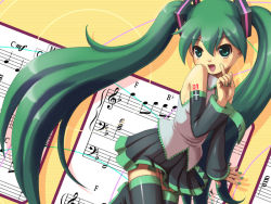 Rule 34 | 1girl, bad id, bad pixiv id, bass clef, beamed quavers, flat sign, green hair, harak, hatsune miku, long hair, musical note, quaver, sheet music, solo, staff (music), thighhighs, treble clef, twintails, very long hair, vocaloid