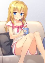 Rule 34 | 1girl, bare legs, barefoot, blonde hair, blue eyes, blush, bow, breasts, casual, chitose sana, cleavage cutout, closed mouth, clothing cutout, cofetaru, collarbone, commentary, couch, cup, eyelashes, eyes visible through hair, feet out of frame, fingernails, green background, hair between eyes, hair down, hair intakes, hands up, highres, holding, holding cup, indoors, knees together feet apart, long hair, looking at viewer, mug, on couch, paw print, pink bow, pink ribbon, ribbon, shirt, short sleeves, shorts, sidelocks, simple background, sitting, small breasts, smile, solo, straight hair, tenshinranman, thighs, white shirt, white shorts