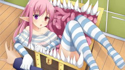 Rule 34 | 1boy, 1girl, arm grab, artist request, bare shoulders, blouse, blue gloves, blue legwear, blue shirt, blush, bra, breasts, elbow gloves, game cg, gloves, heterochromia, large breasts, mimi (monster musume), mimic, mimic chest, monster musume no iru nichijou, monster musume no iru nichijou online, official art, open mouth, pink background, pink bra, pink hair, pointy ears, purple eyes, red eyes, see-through, see-through shirt, sharp teeth, shirt, striped clothes, striped gloves, striped legwear, striped shirt, striped thighhighs, teeth, tentacles, thighhighs, underwear, undone bra, white gloves, white legwear, white shirt