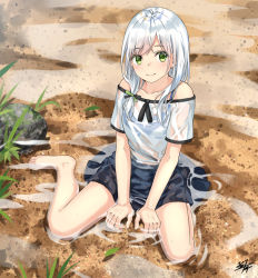 Rule 34 | 1girl, bad id, bad pixiv id, bare shoulders, barefoot, black skirt, blush, bow, closed mouth, collarbone, commentary request, green eyes, hair bow, highres, long hair, looking at viewer, miko fly, off-shoulder shirt, off shoulder, original, pleated skirt, rock, shallow water, shirt, short sleeves, signature, silver hair, sitting, skirt, smile, solo, wariza, water, wet, wet clothes, wet shirt, wet skirt, white shirt