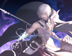 Rule 34 | 1boy, armor, bandages, bare shoulders, black cape, cape, collarbone, covered collarbone, gauntlets, gloves, glowing, glowing eye, granblue fantasy, grimnir (granblue fantasy), holding, holding lance, holding polearm, holding weapon, lance, male focus, parted lips, polearm, purple eyes, shingeki no bahamut, smile, solo, standing, tight clothes, weapon, white gloves, white hair, yuusya27