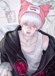 Rule 34 | 1boy, albino, ch yxn, colored skin, highres, male focus, mouth hold, original, pale skin, pink eyes, short hair, smoking pipe, solo, white hair, white skin