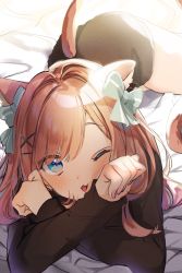 Rule 34 | 1girl, ;3, absurdres, animal ears, black shirt, blue bow, blue eyes, blush, bow, brown hair, cat ears, cat tail, commentary, hair bow, hair ornament, highres, kemonomimi mode, kuma daigorou, long hair, long sleeves, looking at viewer, lying, nail polish, nijisanji, no pants, on bed, on stomach, one eye closed, pink nails, shirt, solo, suzuhara lulu, tail, thighs, virtual youtuber, x hair ornament
