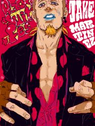 Rule 34 | 10s, 1boy, blue lips, facial hair, fingerless gloves, gloves, goatee, jake martinez, lipstick, makeup, male focus, middle finger, multicolored hair, open clothes, open shirt, shirt, solo, tegaki, tiger &amp; bunny