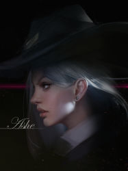 Rule 34 | ashe (league of legends), ashe (overwatch), earrings, hat, highres, jewelry, lips, overwatch, overwatch 1, portrait, realistic, solo, yueyue