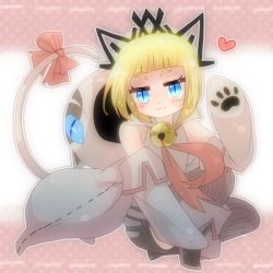 Rule 34 | 1girl, :3, animal costume, bad id, bad pixiv id, bell, binbougusa, blonde hair, blue eyes, blush, bow, bravely default: flying fairy, bravely default (series), bravely second: end layer, cat costume, cat tail, collar, heart, minnete napkatti, neck bell, sitting, slit pupils, solo, tail