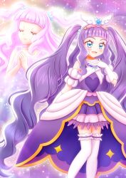 Rule 34 | 1girl, blue eyes, brooch, closed eyes, closed mouth, clothing cutout, commentary, cure majesty, dress, ellee-chan, gloves, half-dress, hand on own chest, highres, hirogaru sky! precure, jewelry, light particles, long hair, looking at viewer, magical girl, medium dress, miniskirt, multiple views, niwatori (syamo chamo), open mouth, pleated skirt, praying, precure, purple dress, purple hair, shoulder cutout, skirt, smile, sparkle, standing, thighhighs, two side up, very long hair, white gloves, white thighhighs, wing brooch, wing hair ornament