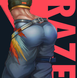 Rule 34 | 1girl, ass, ass focus, badcompzero, character name, close-up, denim, highres, jeans, lower body, pants, raze (valorant), red background, riot games, simple background, solo, thighs, valorant