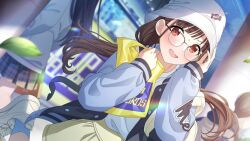 Rule 34 | 1girl, bag, bespectacled, blurry, blurry background, blush, brown hair, bucket hat, dutch angle, falling leaves, glasses, hat, holding, holding bag, idolmaster, idolmaster shiny colors, jacket, leaf, letterman jacket, looking at viewer, official art, outdoors, people, plastic bag, red eyes, solo focus, sonoda chiyoko, twintails