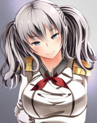 Rule 34 | 10s, 1girl, breasts, buttons, epaulettes, female focus, gloves, gradient background, grey hair, highres, jacket, kantai collection, kashima (kancolle), kerchief, large breasts, sidelocks, smile, solo, takamichis211, twintails, wavy hair