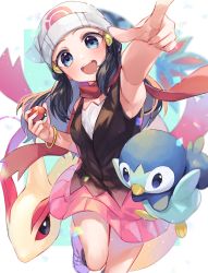 Rule 34 | 1girl, :d, beanie, black hair, blurry, bracelet, commentary request, creatures (company), dawn (pokemon), eyelashes, floating scarf, game freak, gen 3 pokemon, gen 4 pokemon, hair ornament, hairclip, hat, highres, holding, holding poke ball, jewelry, long hair, looking at viewer, md5 mismatch, milotic, nintendo, open mouth, ouri (aya pine), piplup, poke ball, poke ball (basic), pokemon, pokemon (creature), pokemon dppt, red scarf, resolution mismatch, scarf, sleeveless, smile, source smaller, teeth, tongue, white headwear