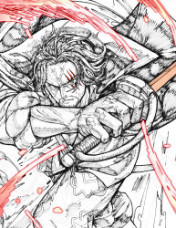 Rule 34 | 1boy, closed mouth, facial hair, highres, holding, holding sword, holding weapon, looking at viewer, male focus, monochrome, one piece, satomaru31000, scar, scar on face, shanks (one piece), short hair, solo, sword, weapon