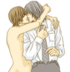 Rule 34 | 00s, 2boys, brown hair, closed eyes, death note, dressing, formal, kiss, long sleeves, male focus, mikami teru, multiple boys, navel, necktie, nude, shirt, silver hair, simple background, suit, white background, yagami light, yaoi