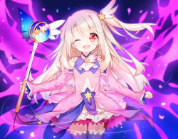 Rule 34 | 1girl, ;d, bare shoulders, blush, commentary request, detached sleeves, dress, earrings, fate/kaleid liner prisma illya, fate (series), feather hair ornament, feathers, fingernails, hair between eyes, hair ornament, head tilt, holding, holding wand, illyasviel von einzbern, jewelry, light brown hair, long hair, long sleeves, one eye closed, one side up, open mouth, pink dress, prisma illya, purple thighhighs, red eyes, round teeth, sleeveless, sleeveless dress, sleeves past wrists, smile, solo, star (symbol), star earrings, star hair ornament, teeth, tengxiang lingnai, thighhighs, upper teeth only, very long hair, wand